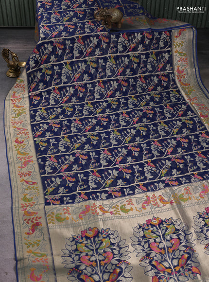 Art chiffon saree peacock blue with allover birds weaves and zari woven border