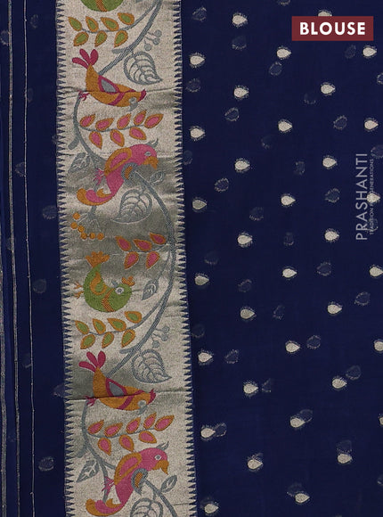 Art chiffon saree peacock blue with allover birds weaves and zari woven border