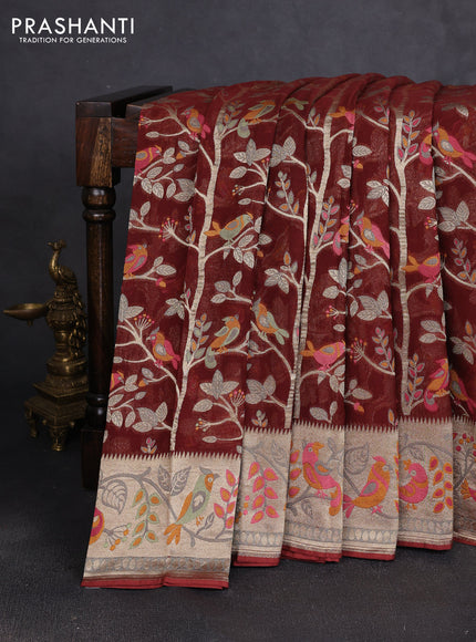 Art chiffon saree brown with allover birds weaves and zari woven border