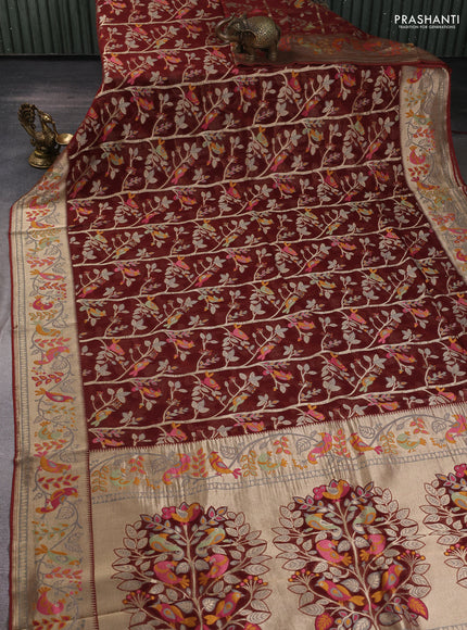 Art chiffon saree brown with allover birds weaves and zari woven border
