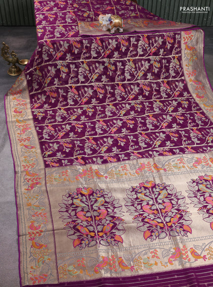 Art chiffon saree purple with allover birds weaves and zari woven border