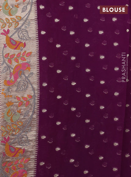 Art chiffon saree purple with allover birds weaves and zari woven border