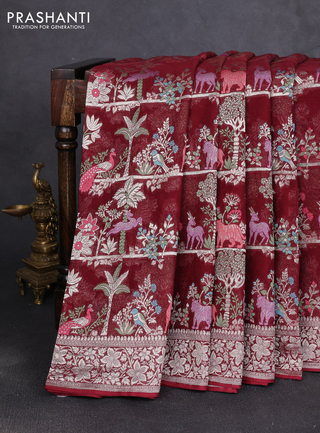 Art chiffon saree deep maroon with allover vanasingaram weaves and zari woven border