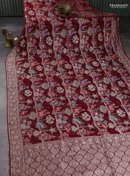 Art chiffon saree deep maroon with allover vanasingaram weaves and zari woven border