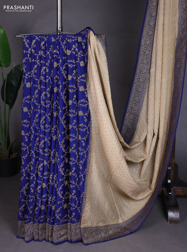 Banarasi crepe partly saree beige and blue with allover thread & zari woven buttas and woven border