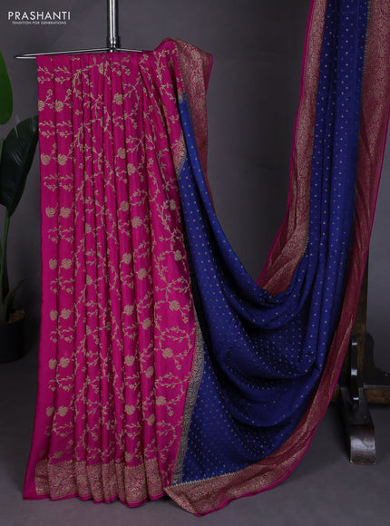 Banarasi crepe partly saree dark blue and pink with allover thread & zari woven buttas and woven border
