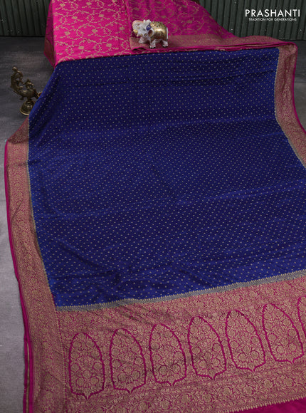 Banarasi crepe partly saree dark blue and pink with allover thread & zari woven buttas and woven border