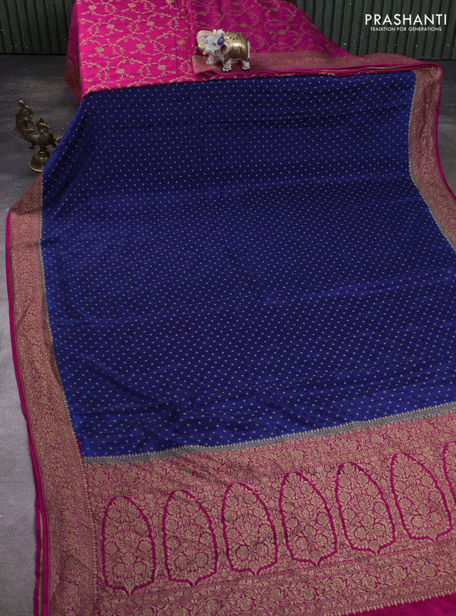 Banarasi crepe partly saree dark blue and pink with allover thread & zari woven buttas and woven border