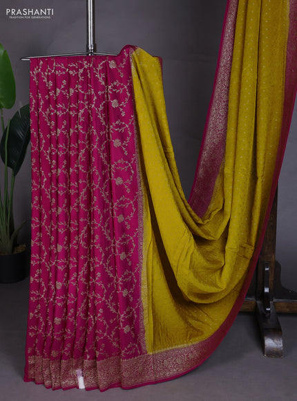 Banarasi crepe partly saree mustard yellow and pink with allover thread & zari woven buttas and woven border