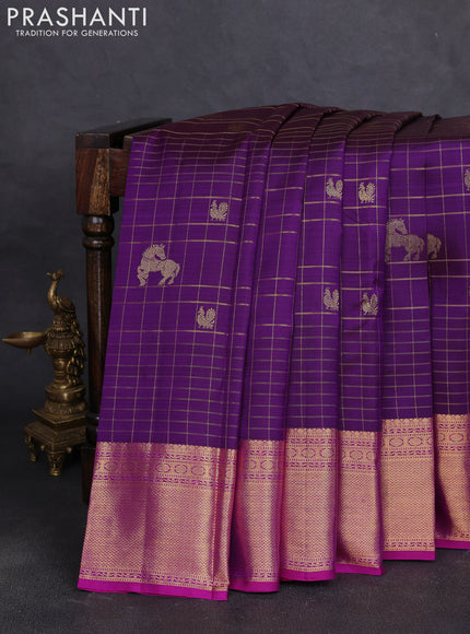 Pure kanchipuram silk saree deep purple and pink with allover zari checked pattern and zari woven border