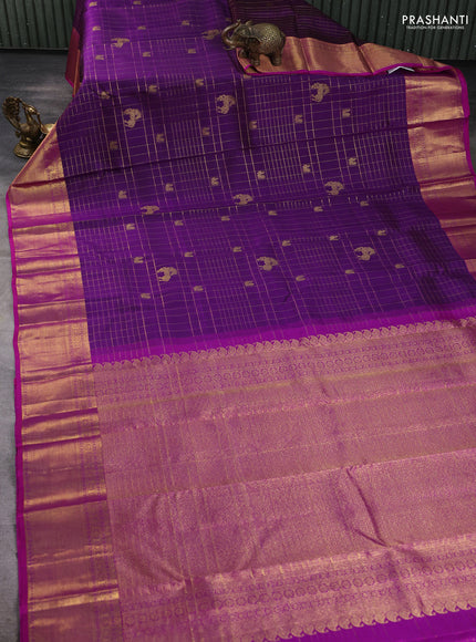 Pure kanchipuram silk saree deep purple and pink with allover zari checked pattern and zari woven border