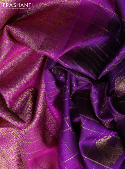 Pure kanchipuram silk saree deep purple and pink with allover zari checked pattern and zari woven border