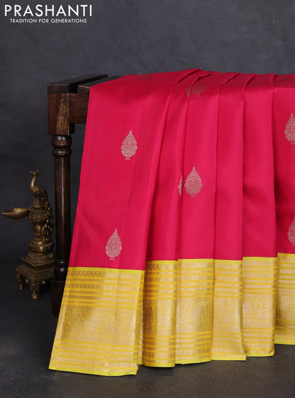 Pure kanchipuram silk saree tomato pink and lime yellow with zari woven buttas and long zari woven border