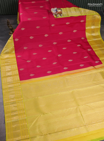 Pure kanchipuram silk saree tomato pink and lime yellow with zari woven buttas and long zari woven border