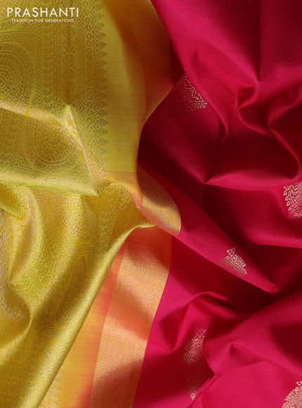 Pure kanchipuram silk saree tomato pink and lime yellow with zari woven buttas and long zari woven border