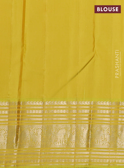 Pure kanchipuram silk saree tomato pink and lime yellow with zari woven buttas and long zari woven border