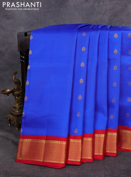 10 Yards pure kanchipuram silk saree royal blue and red with allover zari woven buttas and zari woven korvai border