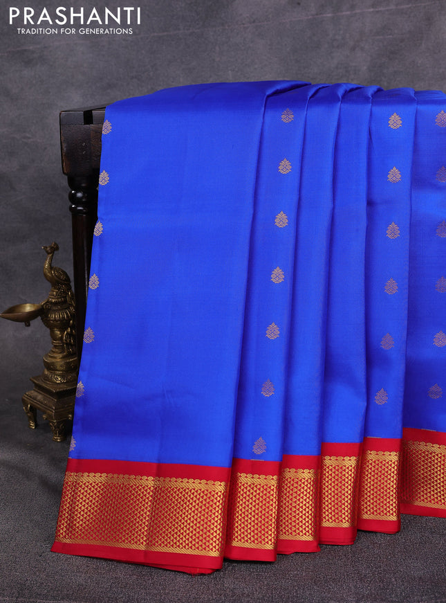 10 Yards pure kanchipuram silk saree royal blue and red with allover zari woven buttas and zari woven korvai border