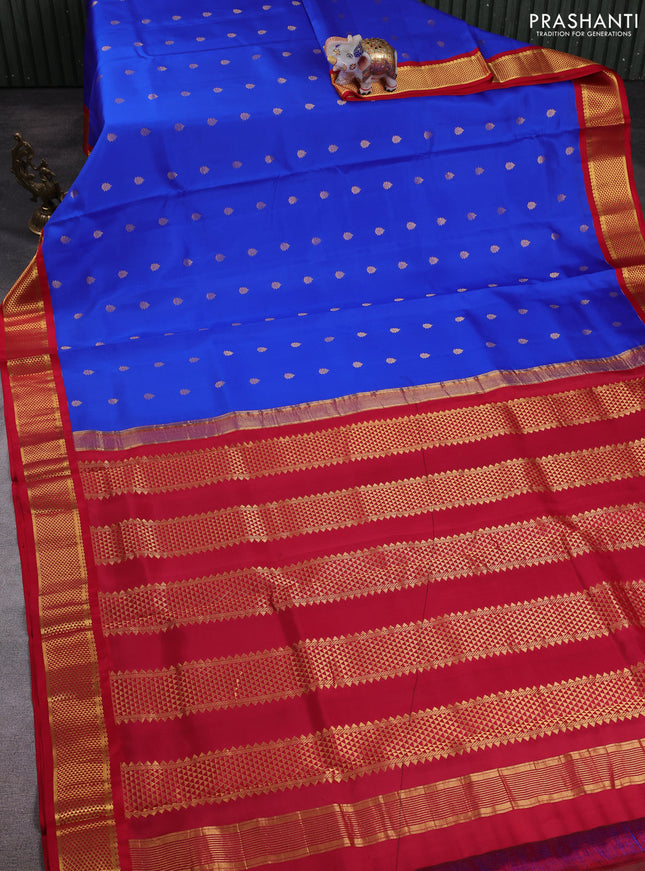 10 Yards pure kanchipuram silk saree royal blue and red with allover zari woven buttas and zari woven korvai border