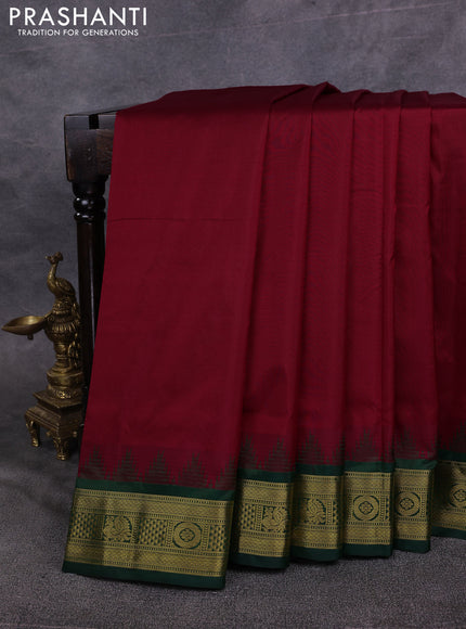 10 Yards pure kanchipuram silk saree maroon and green with plain body and temple design zari woven border