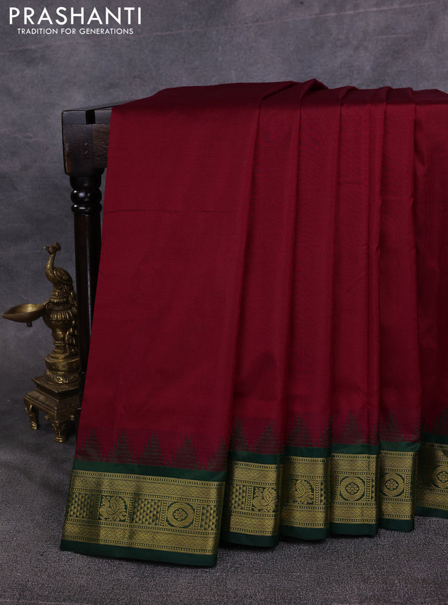 10 Yards pure kanchipuram silk saree maroon and green with plain body and temple design zari woven border