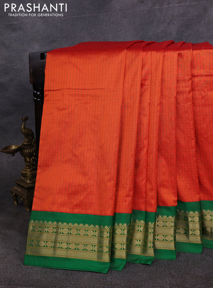 10 Yards pure kanchipuram silk saree orange and green with allover checked pattern and zari woven korvai border