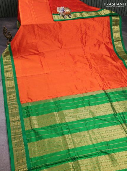10 Yards pure kanchipuram silk saree orange and green with allover checked pattern and zari woven korvai border