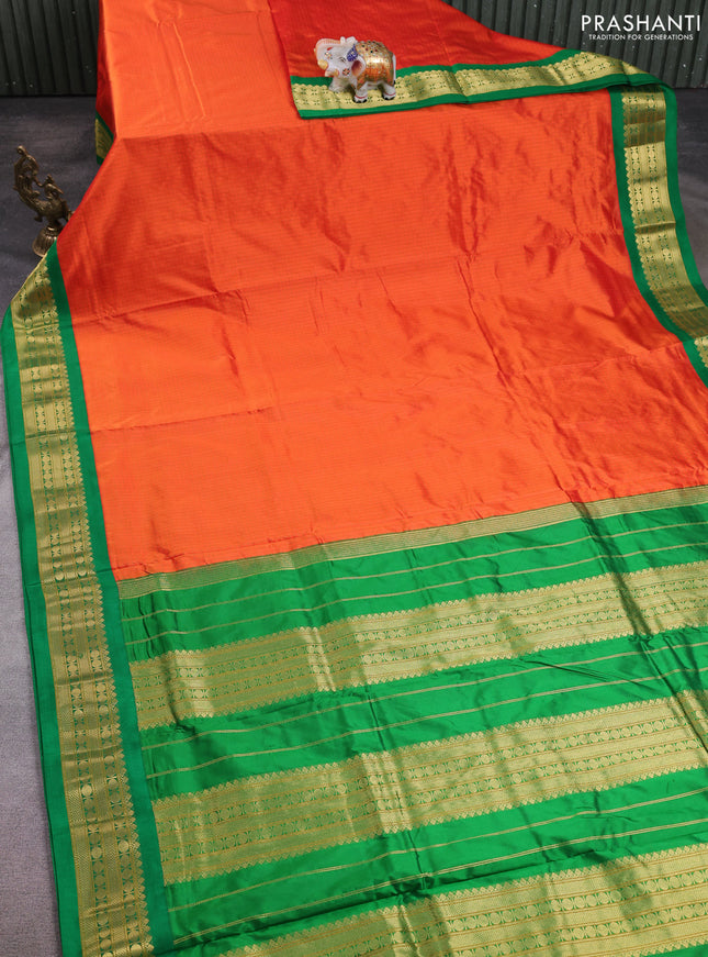 10 Yards pure kanchipuram silk saree orange and green with allover checked pattern and zari woven korvai border