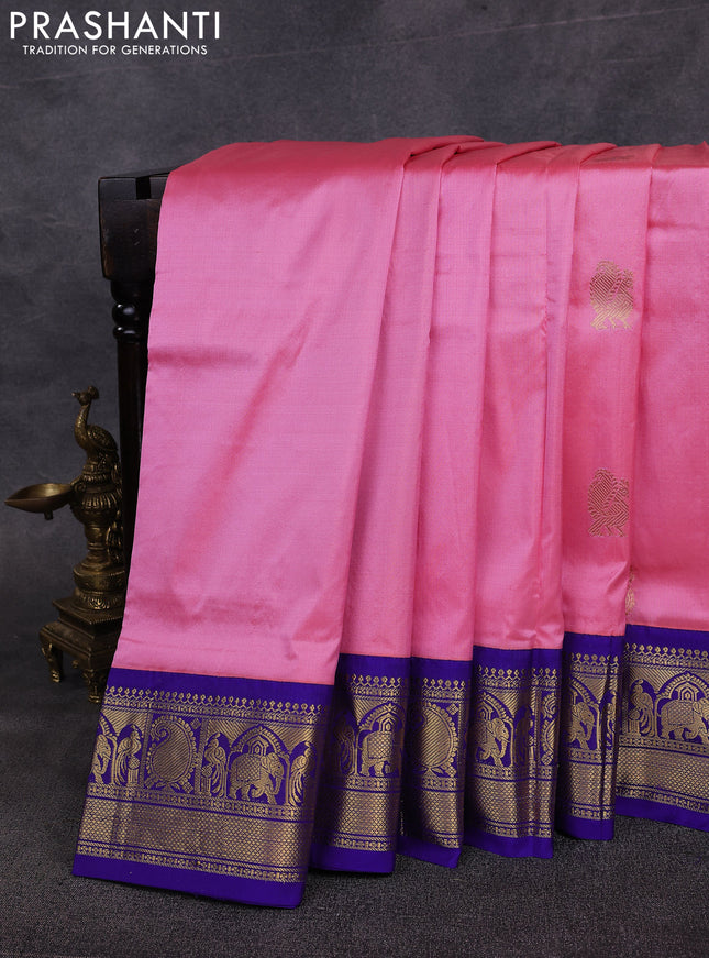 10 Yards pure kanchipuram silk saree light pink and blue with annam & paisley zari woven buttas and rich zari woven border