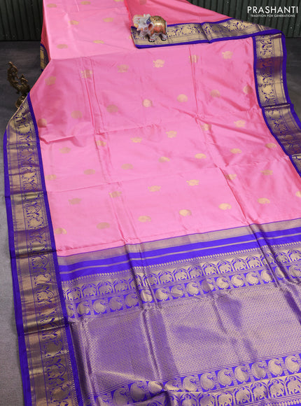 10 Yards pure kanchipuram silk saree light pink and blue with annam & paisley zari woven buttas and rich zari woven border