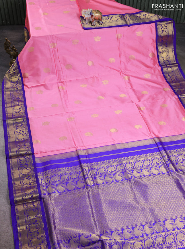 10 Yards pure kanchipuram silk saree light pink and blue with annam & paisley zari woven buttas and rich zari woven border