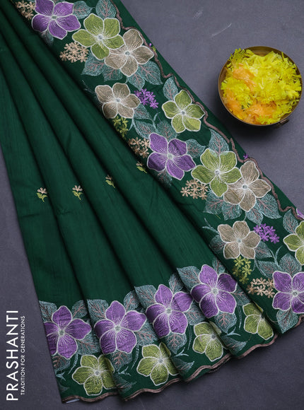 Semi raw silk saree bottle green with embroidery buttas and floral embroidery border