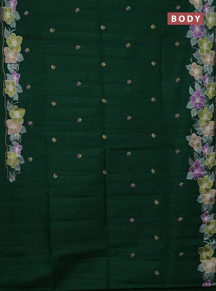 Semi raw silk saree bottle green with embroidery buttas and floral embroidery border