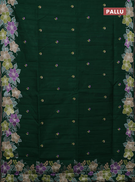 Semi raw silk saree bottle green with embroidery buttas and floral embroidery border