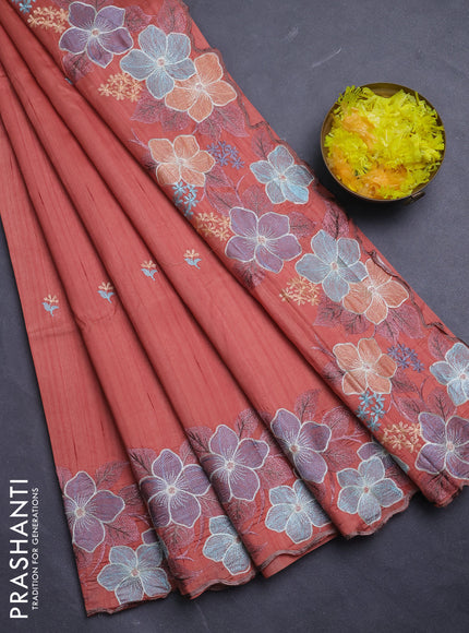 Semi raw silk saree rust shade with embroidery buttas and floral embroidery border