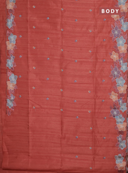 Semi raw silk saree rust shade with embroidery buttas and floral embroidery border
