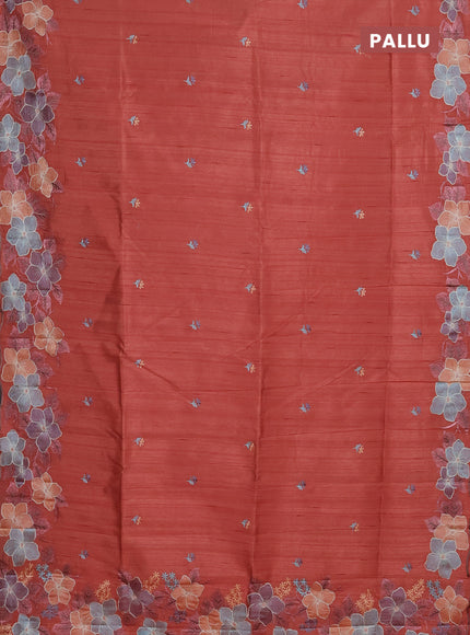 Semi raw silk saree rust shade with embroidery buttas and floral embroidery border