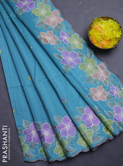 Semi raw silk saree teal blue with embroidery buttas and floral embroidery border