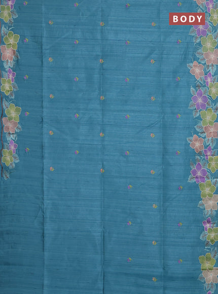 Semi raw silk saree teal blue with embroidery buttas and floral embroidery border