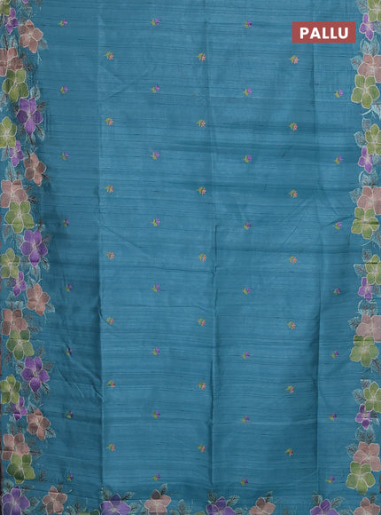 Semi raw silk saree teal blue with embroidery buttas and floral embroidery border