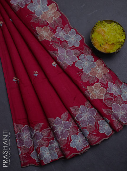 Semi raw silk saree pink with embroidery buttas and floral embroidery border