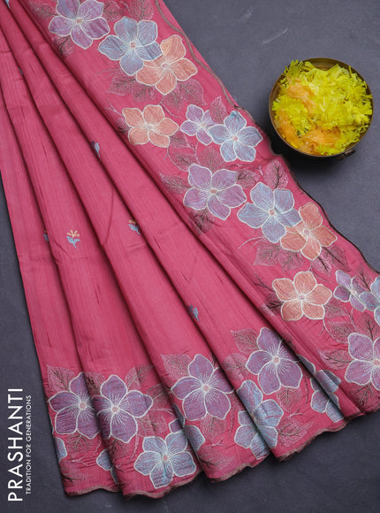 Semi raw silk saree pastel pink with embroidery buttas and floral embroidery border