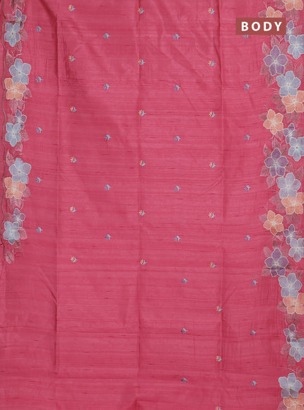 Semi raw silk saree pastel pink with embroidery buttas and floral embroidery border
