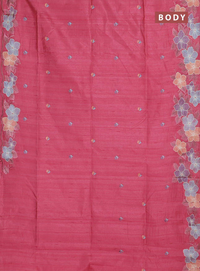 Semi raw silk saree pastel pink with embroidery buttas and floral embroidery border