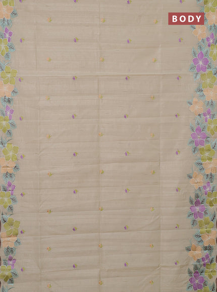 Semi raw silk saree beige with embroidery buttas and floral embroidery border