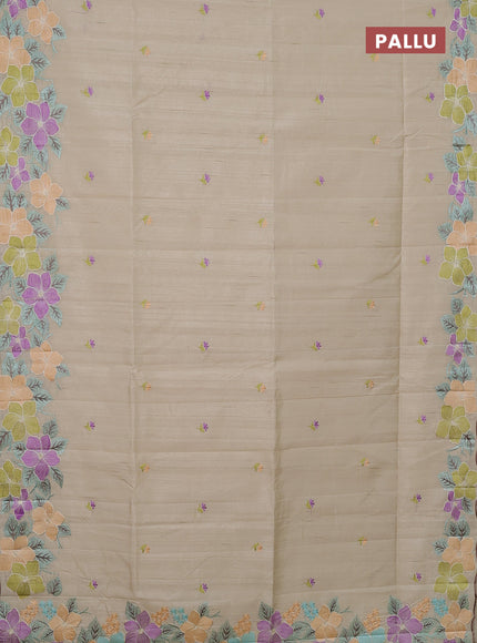 Semi raw silk saree beige with embroidery buttas and floral embroidery border