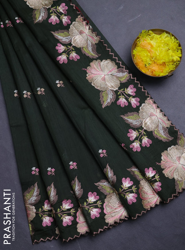 Semi raw silk saree sap green with embroidery buttas and floral embroidery border