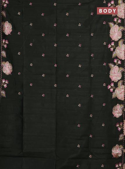 Semi raw silk saree sap green with embroidery buttas and floral embroidery border