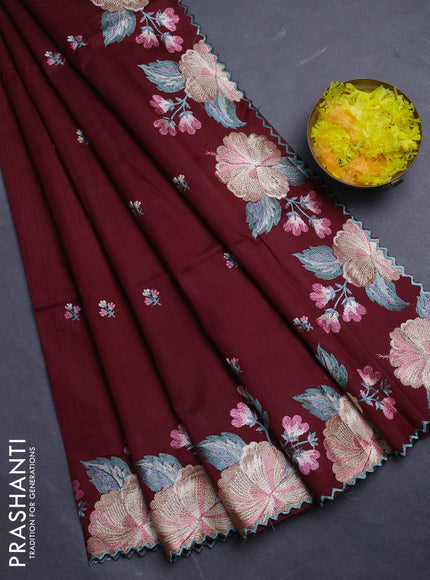 Semi raw silk saree deep maroon with embroidery buttas and floral embroidery border
