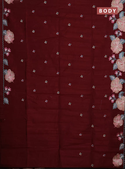 Semi raw silk saree deep maroon with embroidery buttas and floral embroidery border